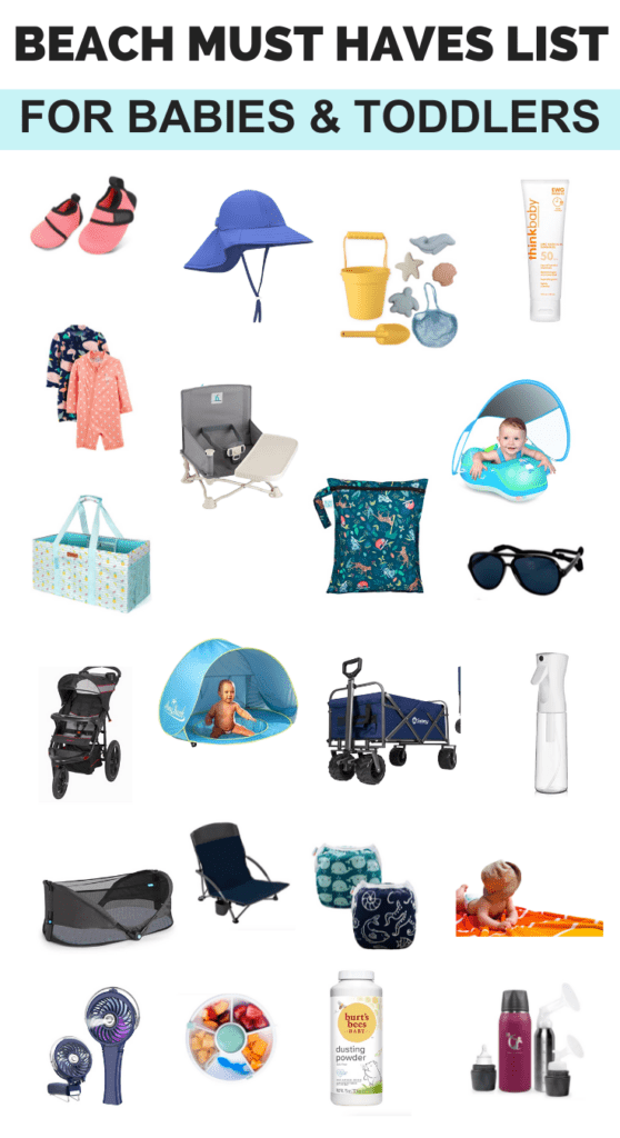 beach day essentials for baby with images of 26 items that babies would need at the beach such as a baby beach tent, water, hat, rash guard, stroller, sunglasses,
